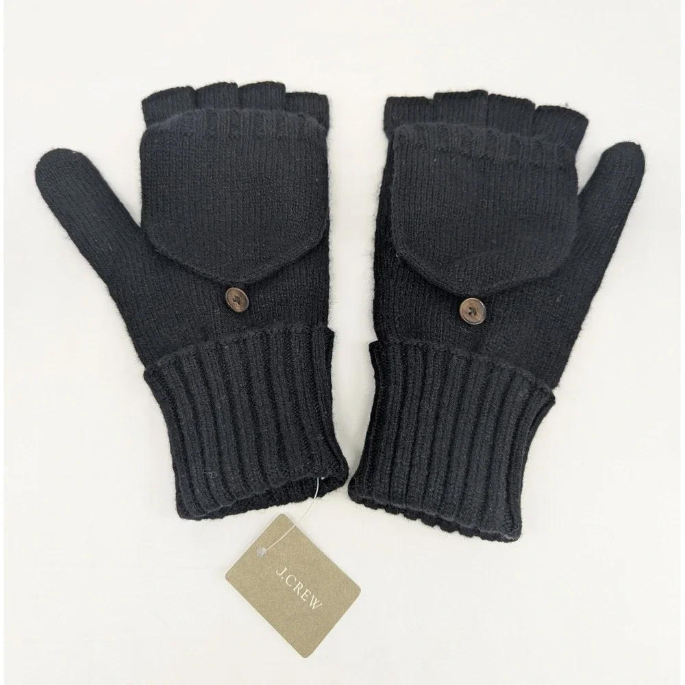 J Crew Convertible Glittens Women OS Black Wool Cashmere Blend Mitten Gloves NWT